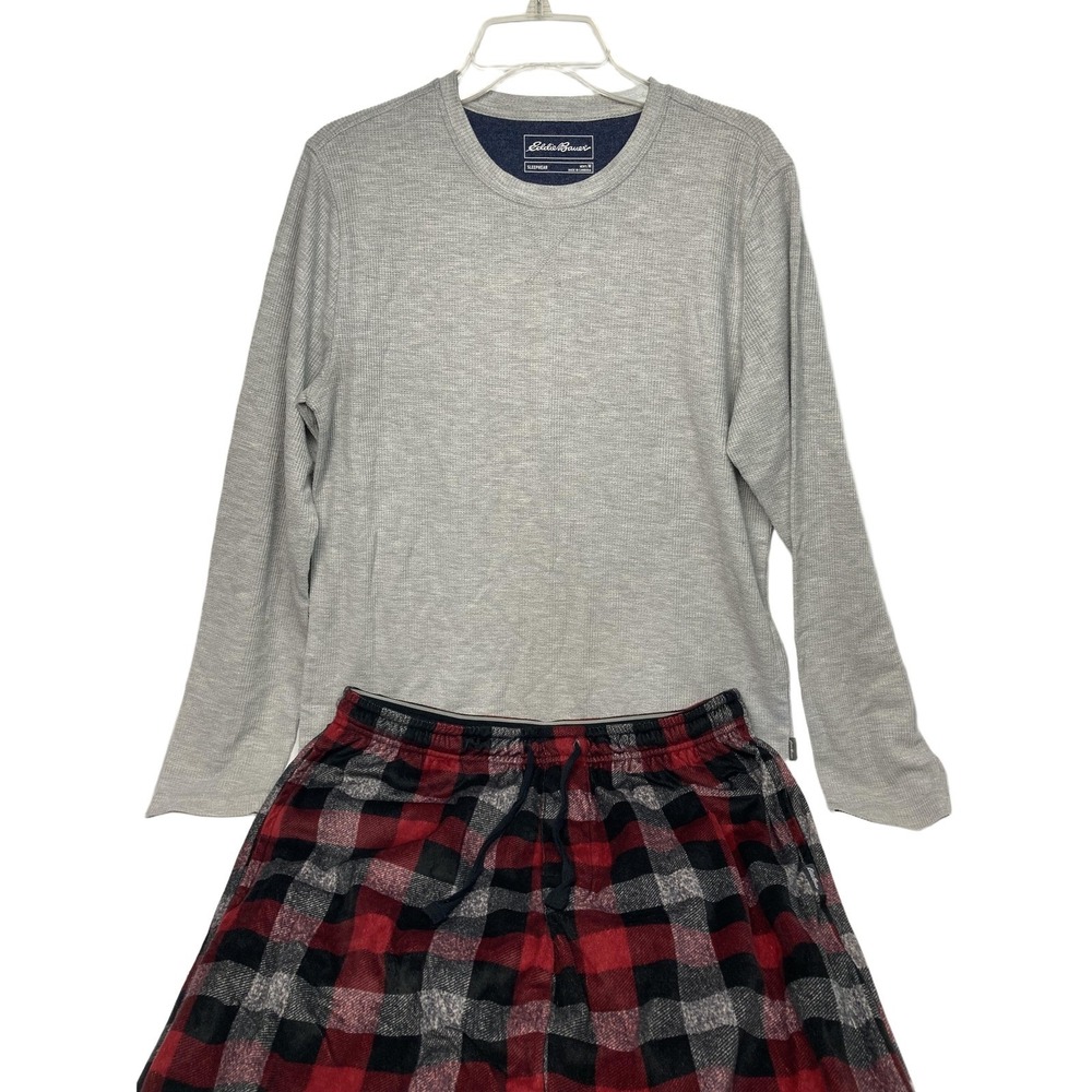 Eddie Bauer Pajamas Set Gray Waffle Knit Top, Red Plaid Loungewear‎ Pants M